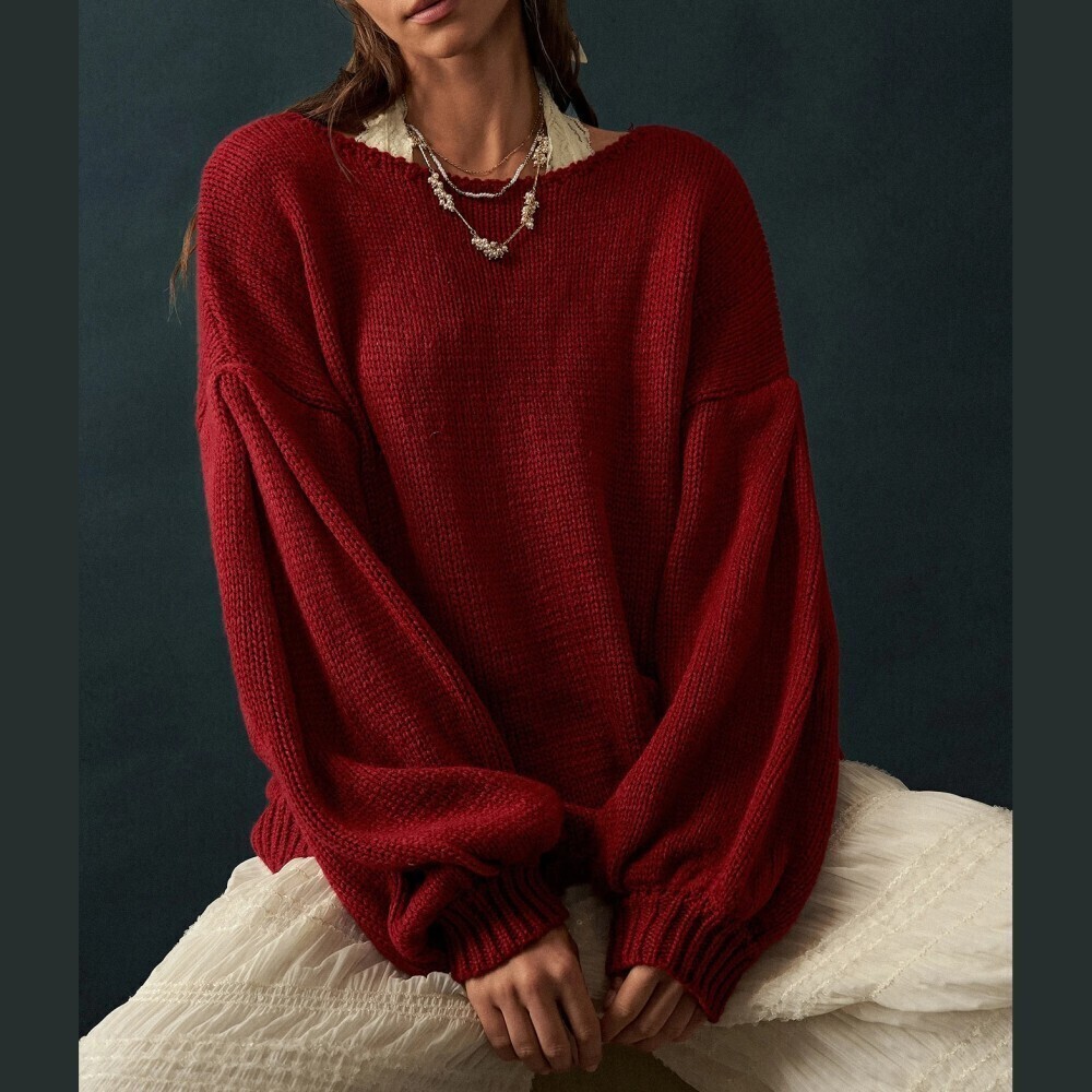Deep Red Chunky Knit Balloon Sleeve Scoop Neck Oversized Sweater